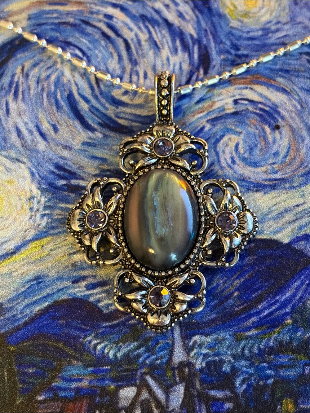 Silver-Tone Floral Pendant Necklace with Gray Pearl Cabochon
